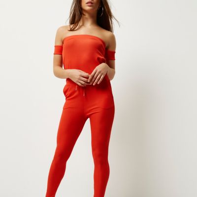 Red ribbed bardot jumpsuit